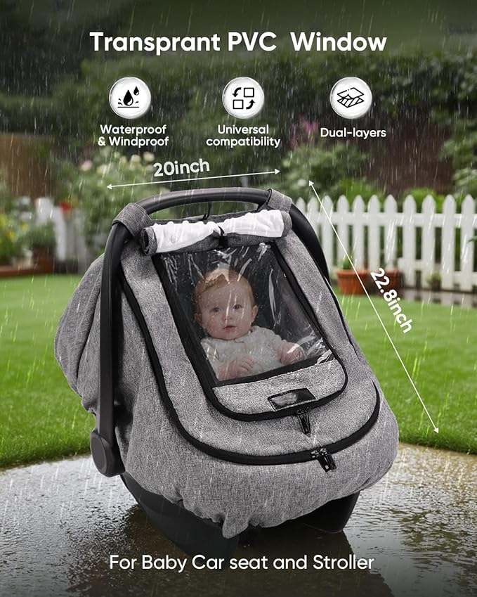 TinlyFinly Waterproof Car Seat Cover for Baby, 2-Layer Car Seat Rain Cover with Clear Window & Sunshade & Mesh Cover, Universal Infant Carseat Canopy for Stroller, Protect from Rain and Snow - Gray