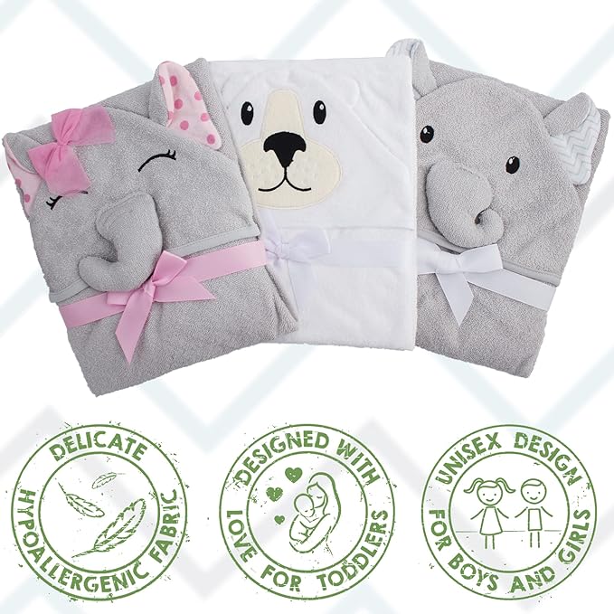 Hooded Baby Towels 33 x 33 Inch. White Terry Cotton Bath Towels Hooded with Bear Face and Ears. Hooded Towels for Baby. Soft Toddler Towels for Boy, Girl. Absorbent Hooded Towel