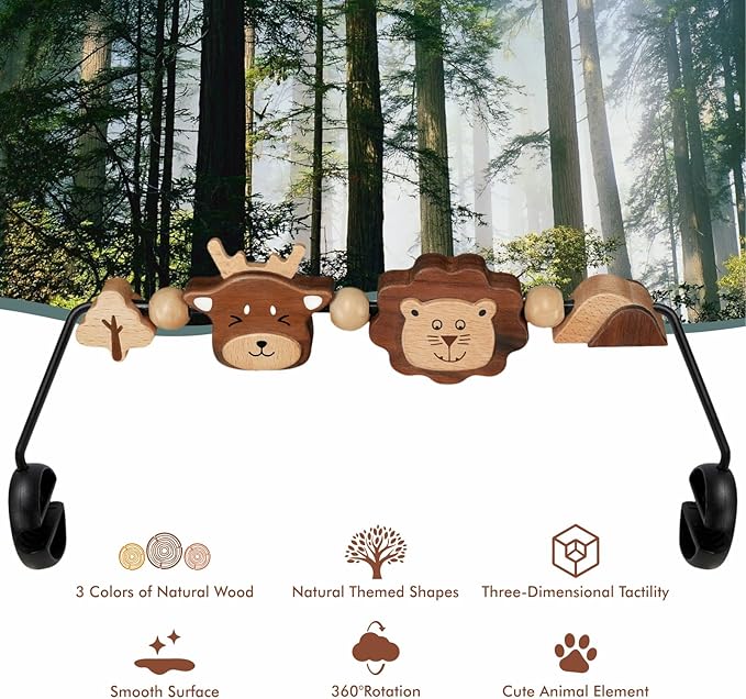 iGRATENS Three-Dimensional Baby Bjorn Bouncer Toy Bar, Toy for Baby Bouncer Soft & Bliss, Easy to Attach and Remove, 360°Rotating Natural Wooden Toys, Double-Sided Raised Design, Lion & Deer