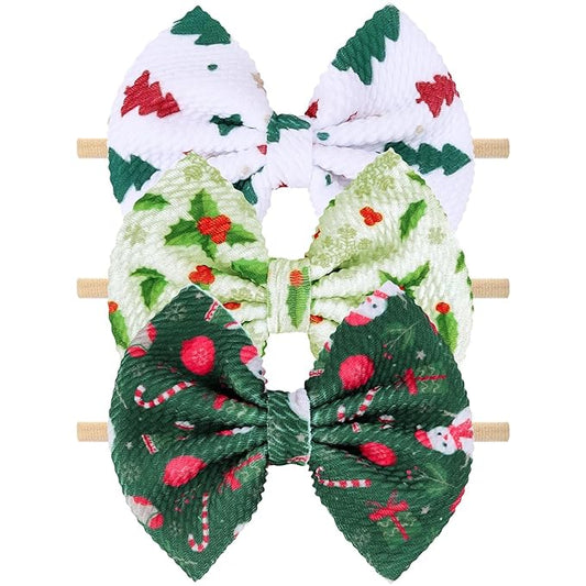 Christmas Baby Headbands, Santa Printed Elastic Nylon Hairbands in Red, White, Green for Newborn and Infant Girls, 3 Pcs (Christmas-A)