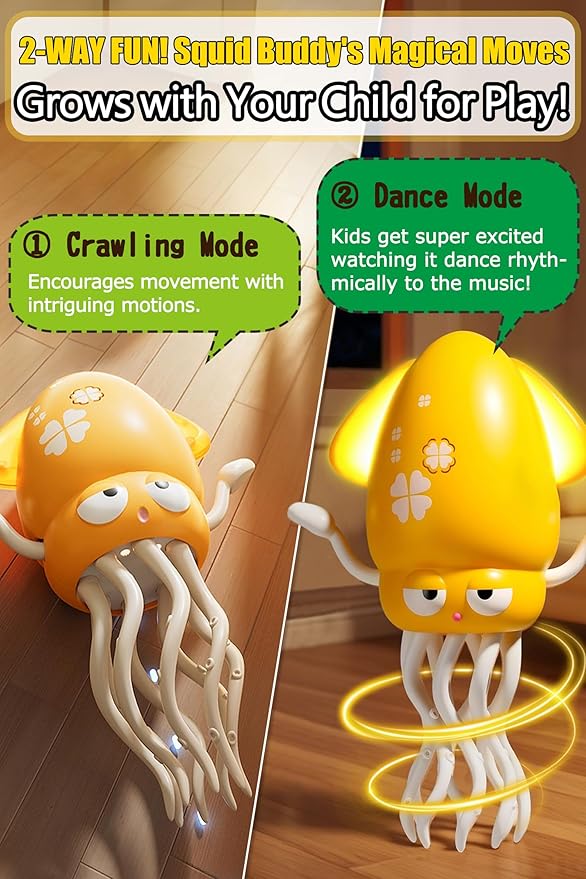 Magic Dancing Octopus Toy with LED Lights & Music – Interactive Crawling & Walking Toy, Auto Obstacle Avoidance, USB Rechargeable, Fishing Game Included – Fun Gift for Kids Ages 3-6 Years (Yellow)