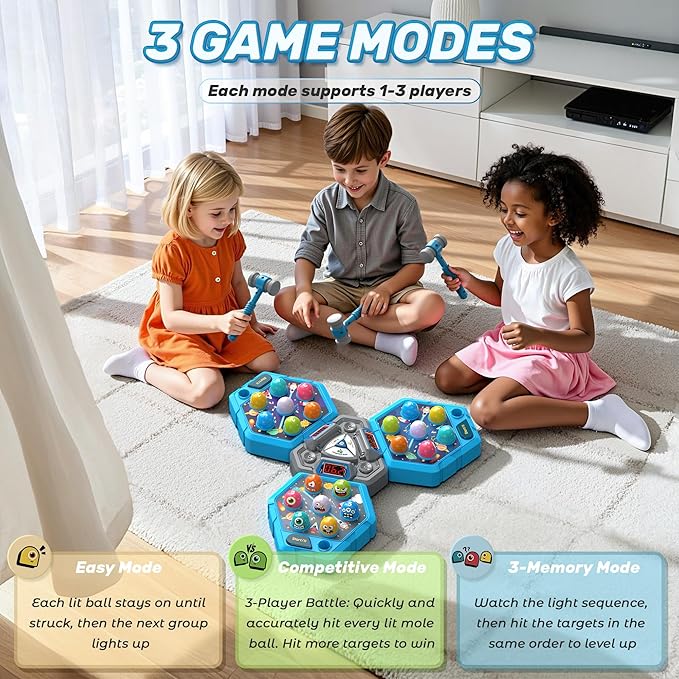 Whack Game Mole, Game 3+ Year Old, 3 Year Old Boy, 4 Year Old Toy, Gift for 3 Year Old, Boys Toys Age 4-6, 3-Players Whack Toy with 3 Modes, 7 Speeds, Light&Sounds, Birthday Gift for Todder(Blue)