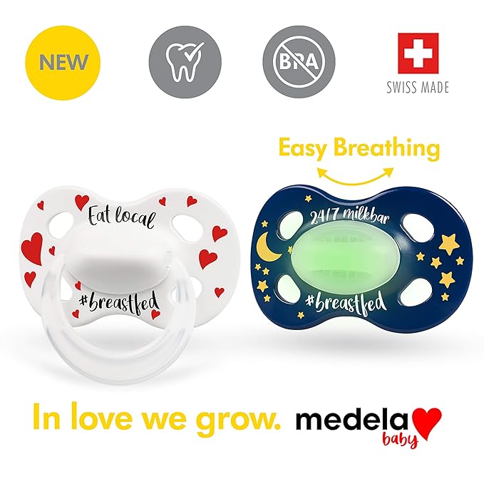 Medela Baby Pacifier | Day and Night Glow in The Dark | 6-18 Months | 2-Count, Lightweight | BPA-Free | Supports Natural Suckling | Eat Local and 24/7 Milkbar
