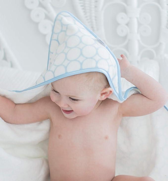 SwaddleDesigns Organic Cotton Terry Velour Hooded Towel for Baby/Toddler, Absorbent with Satin Trim, Absorbent with Satin Trim, Pastel Blue Mod Circles