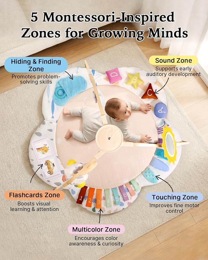 BubblePanda Baby Play Gym & Play Mat with Wooden Frame, Tummy Time Mat with Developmental Activity Zones & Detachable Sensory Toys for Motor Skills & Sensory Development for Baby Toddler