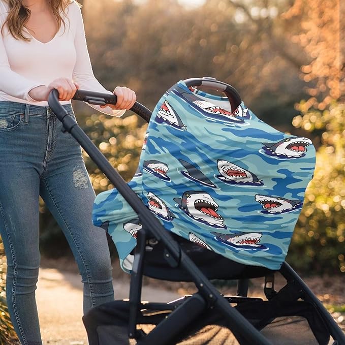 AFPANQZ Shark Soft Baby Car Seat Canopy Nursing Cover Breastfeeding Scarf Shopping Cart Covers Stroller Sunshade High Chair Cover Car Seat Covers for Girls and Boys