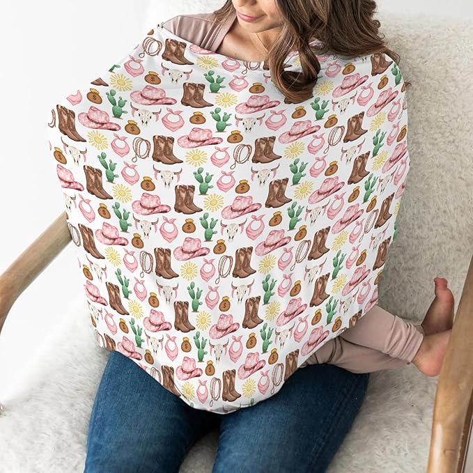 Pink Western Cowgirl Baby Car Seat Covers for Girl Cute Cowgirls Boots Hat Horse Cactus Sun Cow Skulls Stretchy 5-in-1 Cover Country Adjustable Car Canopy Cover Wild West Breathable Nursing Cover-Up