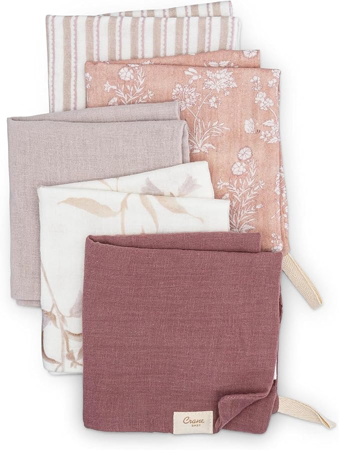 Crane Baby Violet Wildflower Cotton Baby Washcloths, 100% Cotton Muslin Set of 5, Soft Baby Wash Cloths for Newborn Bath Essentials, Infant Face Cloths, Shower Gift For Babies, Newborn Bath Essentials