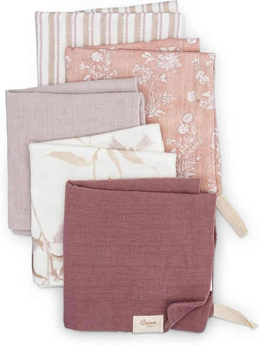 Crane Baby Violet Wildflower Cotton Baby Washcloths, 100% Cotton Muslin Set of 5, Soft Baby Wash Cloths for Newborn Bath Essentials, Infant Face Cloths, Shower Gift For Babies, Newborn Bath Essentials