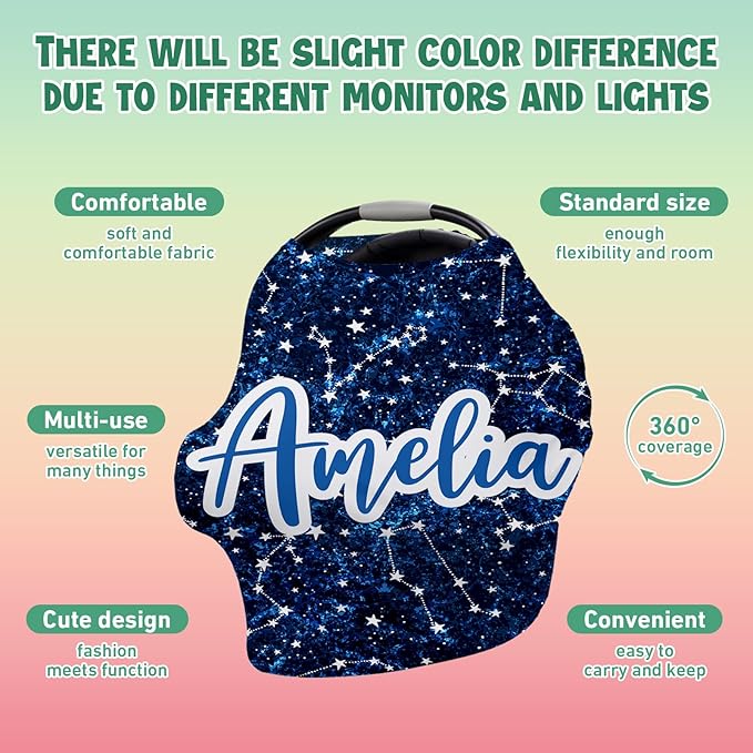 Personalised Car Seat Cover for Girls and Boys - 7 in 1 Multipurpose Blue Print Breast Feeding Cover, Nursing Cover, Grocery Cart Cover - Birthday Gift for Babies