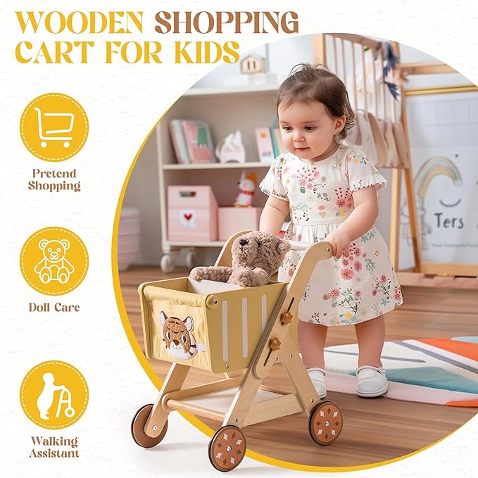 ROBOTIME Baby Walkers for Boys, Wooden Shopping Cart Toy for Toddler Kids, Height-Adjustable Wooden Push Walker, Sit to Stand Walker for Baby Learning to Walk