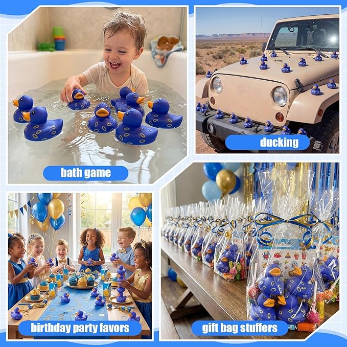 60 Pcs Blue Gold Ring Party Favors - 2 Inch Rubber Duck in Bulk Mini Duckies for Ducking, Tiny Ducks for Kids Birthday Party Gifts Baby Shower Bath Time Piñata Fillers Gift Bag Stuffers