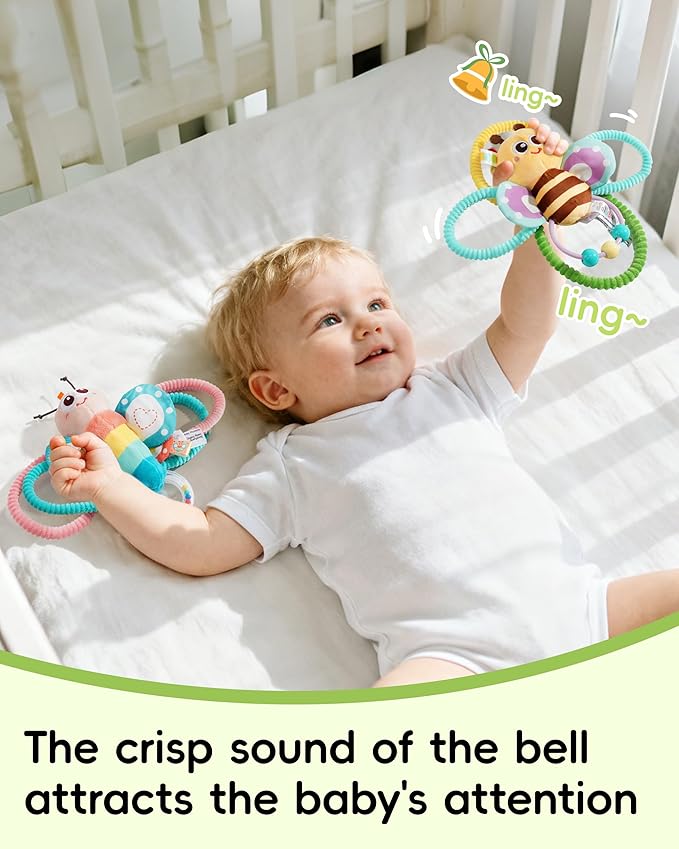 Jollybaby Soft Baby Rattles & Plush Rings Toy for Newborn 0-3-6-12 Months, Sensory Developmental Hand Teether Toys for Infant 0-2-4-7-8-9 Months, Baby Shower & Birthday Gifts - Bee