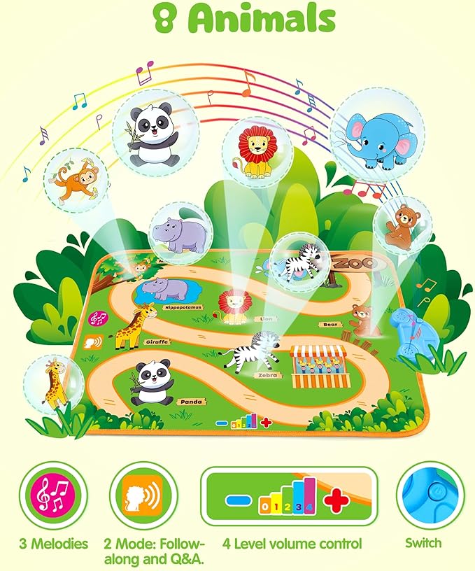 Vanmor Baby Car Toys for 12 Month Old Toys, Musical Playmat with 4 Animal Soft Pull-Back Vehiclefor 1 Year Old, Soft Baby Learning Toys 12-18 Months, 1st Birthday Xmas Gift for Toddlers