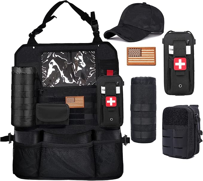 Upgrade Tactical Seat Back Organizer Molle Car Seat Organizer with 4 Detachable Pouches: Trauma Medical Pouch, Water Bottle Pouch, Vehicle Protector Organizers (Modern B Black)
