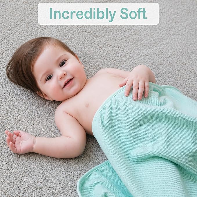 Viviland Baby Towels and Baby Wash Cloths Set Hooded Baby Towels Baby Wipes Absorbent Bath Face Towels Burp Cloths or Face Towels for Girl Boy 6-Pack Size 28 x 28 Inch(Green Bear)
