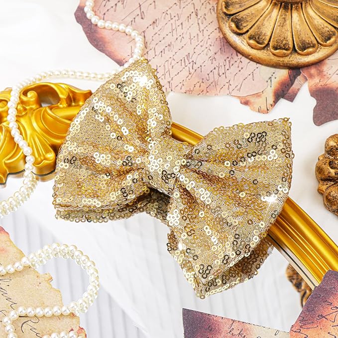 5 inch Glitter Sequin Gold Hair Bows and Clips for Baby Toddler Girls - Big Hair Accessories