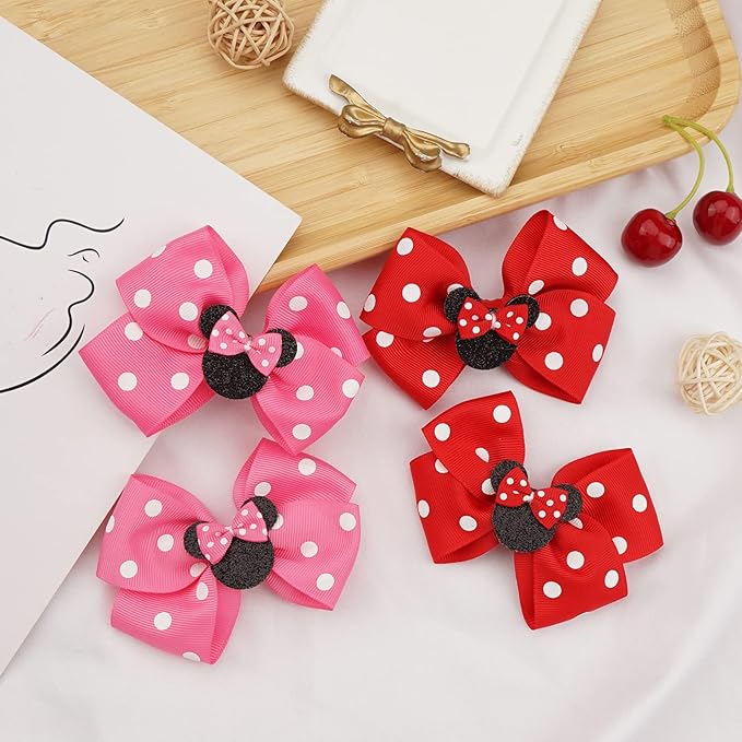 Qearl 8 Pcs Mouse Ears Bow Clips for Girls, Polka Dot Red Bows Theme Park Costume Party Decoration for Toddlers Girls in Pairs
