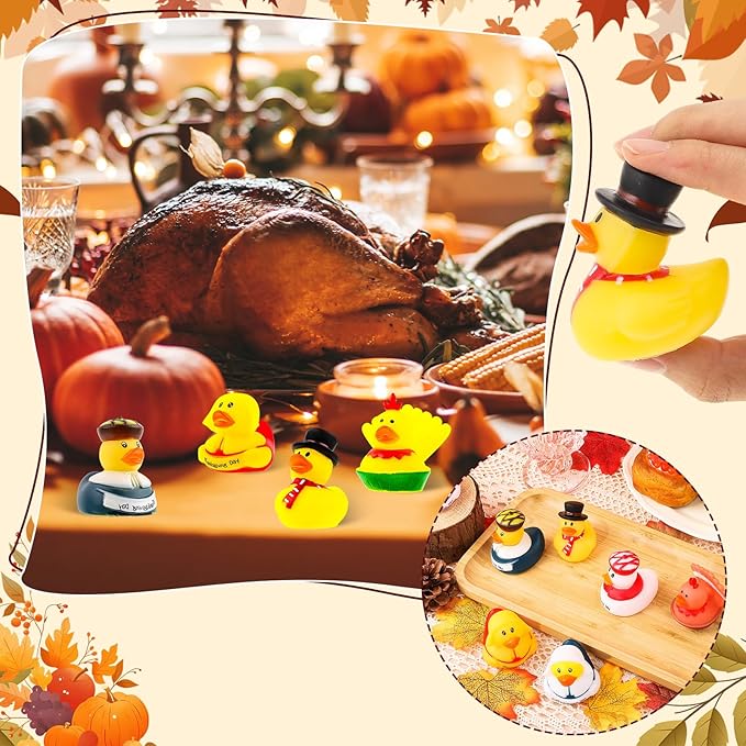12PCS Thanksgiving Rubber Ducks Thanksgiving Day Themed Turkey & Pilgrim Ducks Bath Toys Basket Fillers Table Duckies Decors Fall Party Favors for Kids Adults