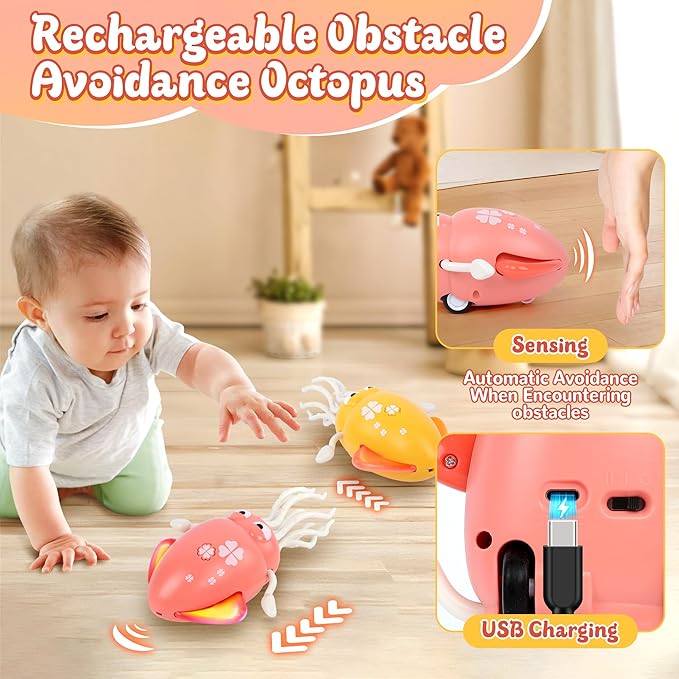 Sachie Dancing Octopus Baby Toy – Electric Crawling Octopus with Music & Lights, Rechargeable Sensory Toy for Infants & Toddlers, Fun Learning Gift for Boys & Girls(Pink)