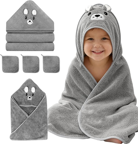 4 PCS Hooded Baby Towel Set, 32x32 Inch Absorbent Baby Bath Towels, Soft Hooded Towels and 3 PCS Washcloths, Unisex Baby Gift Set for Newborns, Babies, Toddlers (Gray)