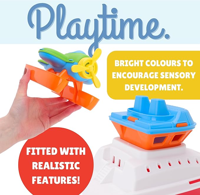 Toyland® 17" Floating Tugboat with Seaplane - Durable Water, Pool and Bathtub Toy for Kids 24 Months Plus - Non-Toxic & Easy Clean Plastic Boat