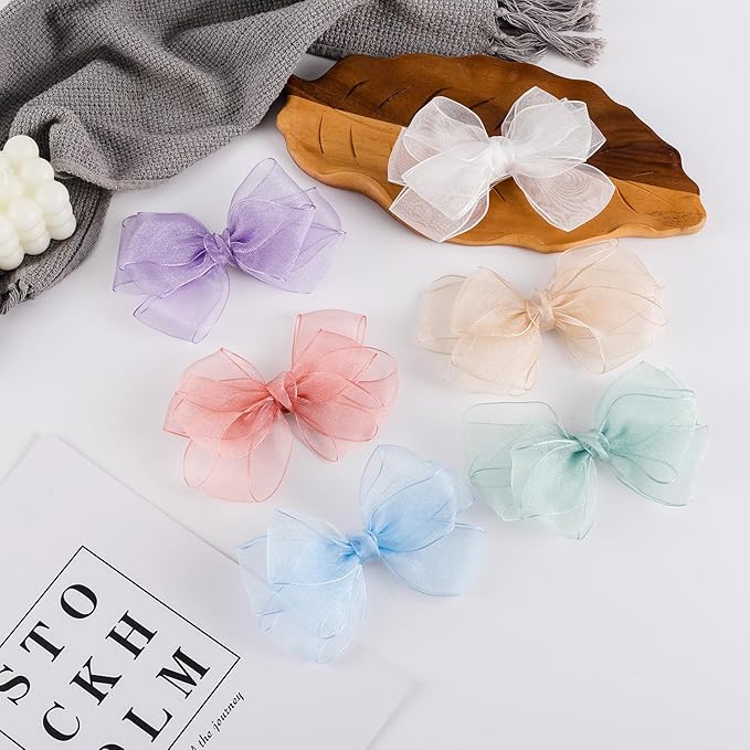 5.5-Inch Organza Double Hair Bows Alligator Clips Hair Accessories for Girls Toddler Kids Children Teens -Pink