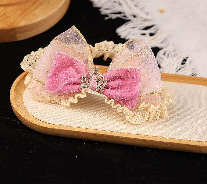 Cute Lace Bow Baby Girls Headbands Large Knot Hair Band Soft Chiffon Hairband Elastic Shower Hair Accessories for Newborn Infant Toddler Kids (Crown, Elastic)