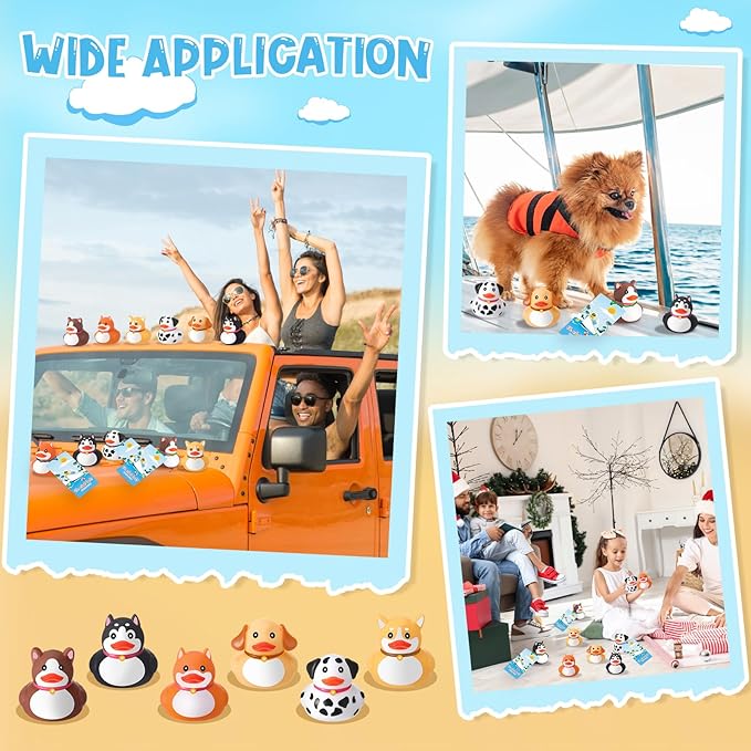 48 Sets Dog Rubber Duckies, Mini Cruise Duck Tag Kit Includes 48 Small Dog Ducks 48 Cruising Tag Cards 48 Rubber Bands Floating Duck Pool Bath Toys for Carnival Rewards Party Favor