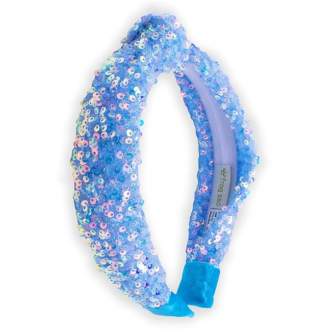 FROG SAC Sequin Knot Headband for Girls, Blue Knotted Hair Bands Accessories for Kids, Sparkly Iridescent Little Girl Headbands, Cute Fashion Hairbands for Tweens Stocking Stuffers for Children