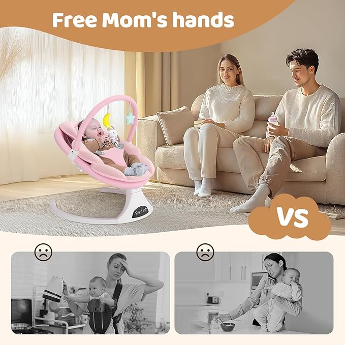 Electric Baby Swing with Remote Control - 5 Natural Motion Speeds, Detachable Seat Pad | Portable Infant Swing for Indoor/Outdoor Use (0-6M, 20lbs) (Pink)