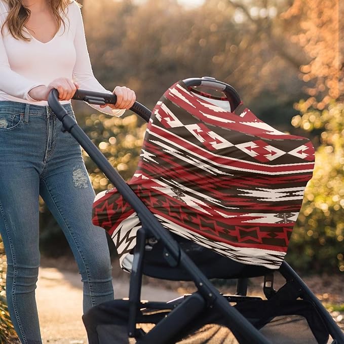 Nursing Cover Breatfeeding, Red Aztec Geometry Tribal Multi-use Baby Carseat Cover, Infant Stroller Car Seat Cover, Stretchy Carseat Canopy, Soft Breathable Stroller Sun Shade