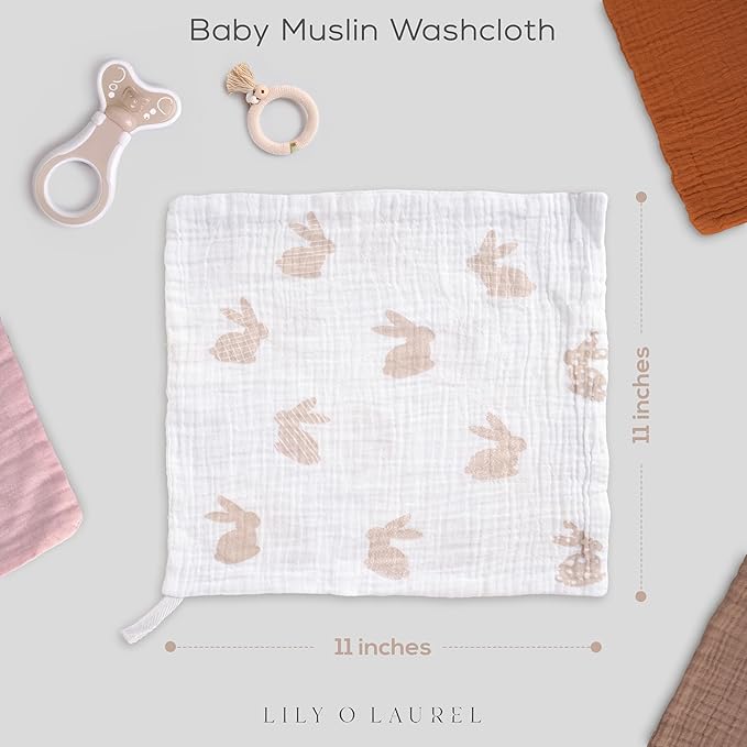 Muslin Baby Washcloths for Newborns, Pack of 8, 11"x11", Super Soft Cotton, Absorbent and Gentle, Baby Cotton Wipes, Baby wash Cloths