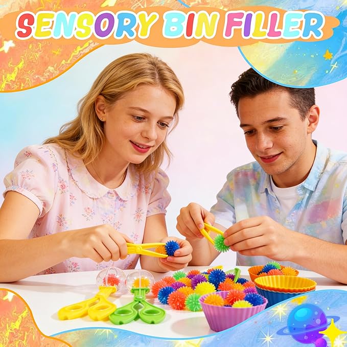 Bbiamsleep 78 Pcs Sensory Bin Filler Sensory Bin Items Fine Motor Skills Include Colorful Hedge Balls Tweezers Scissors Clips Sorting Cup for Sorting Counting Training