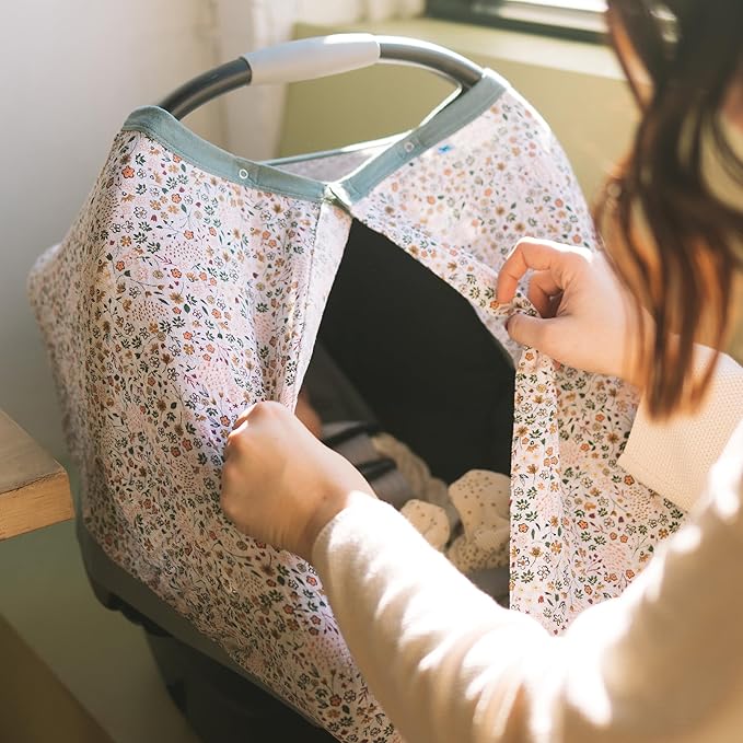 Little Unicorn Baby Car Seat Canopy | Soft & Breathable Muslin Fabric | Magnetic Closure Cover & Universal Fit | for Protection & Privacy | Nursing Cover (Pressed Petals)