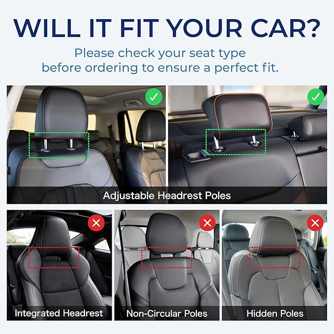 Adjustable Car Headrest Pillow, Road Pal Neck Support, Memory Foam U-Shaped Travel Sleeping Pillow for Kids & Adults, Head Neck Support for Car Seat Head Rest with Poles, Black