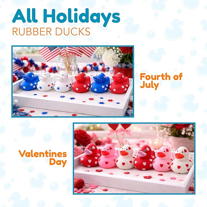 4E's Novelty Rubber Ducks for All Holidays, Bulk Pack of 42 - Includes 6 of Each Holiday, St Patricks Day Duckies, Easter, July 4 Ducks, Bath Toys for Kids, Gift for Jeep Owners, Jeep Ducking