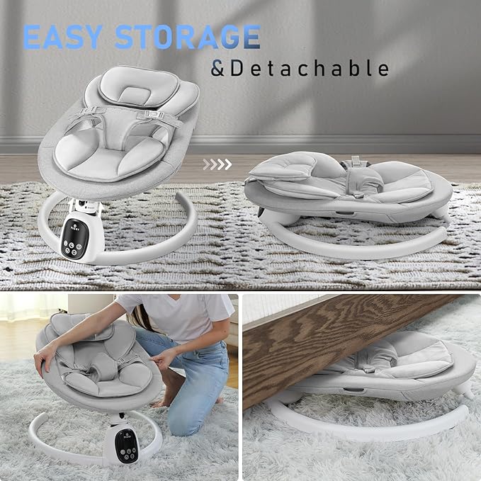 T TICCI Baby Swings for Infants, 5 Speed Bluetooth Baby Bouncer, Motorized Bluetooth Swing, Built-in 3 Timer Settings, Music Speaker, Remote Control, 0-6 Months, Grey