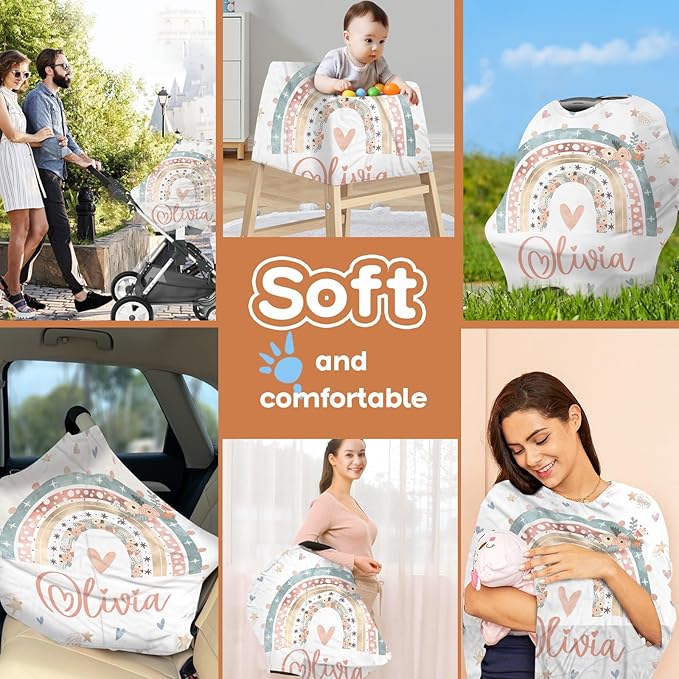 Personalized Baby Car Seat Cover Stroller Canopy: Custom Name Newborn Baby Girl Elastic Love Rainbow Nursing Cover for Moms First Birthday Gift Pink(one Size)