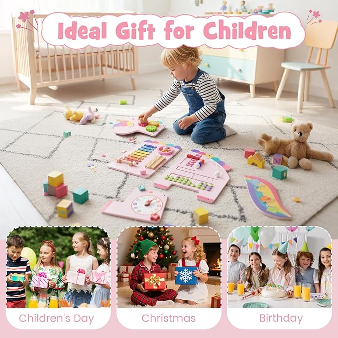 Olakids Sensory Wall, 11 in 1 Wooden Montessori Busy Board Panel Toddler Wall Mounted Activity Center Educational Toys Learning Gift for Boys Girls (Cherry Unicorn)