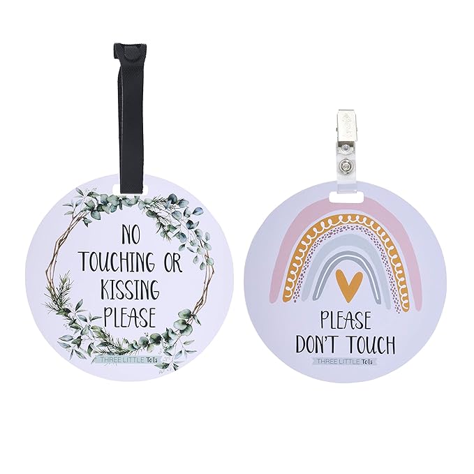 (Three Little Tots) No Touching Baby Car Seat and Stroller Two Pack- Baby Safety No Touching Car Seat Sign, Stroller Sign, Newborn Car Seat Tag- CPSIA Safety Tested (Eucalyptus/Rainbow)