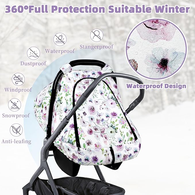 Winter Car Seat Cover Baby, GFU Warm Carseat Cover for Babies, Universal Infant Car Seat Canopy Waterproof, Cold Weather Shield Coats Purple Flowers