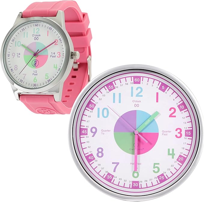 OWLCONIC Telling Time Teaching Clock - Bundled with Kids Watch. Learn to Tell Time Resources. Pink