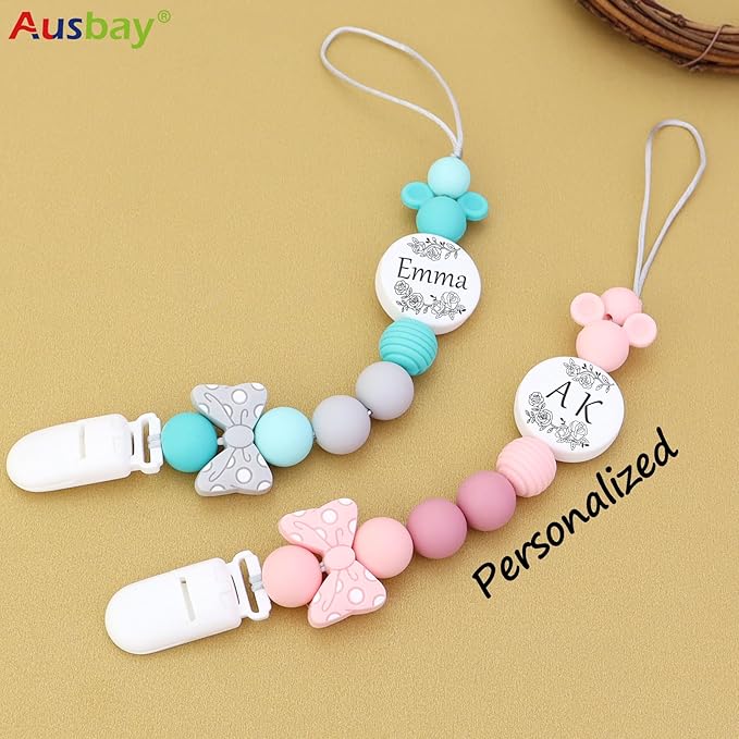 Customized Silicone Pacifier Clip, Pacifier Holder Sets for Boys and Girls, Personalized Adorable Mouse Pacifier Clips Fits for Most Pacifier, Baby Teethers, Baby Shower and Baby Gift (Pink)