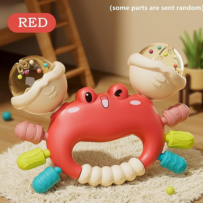 Baby Crab Rattle Toy- ABS Safe Toy for 0-6 Months Baby,Handheld Crab Shaped Toy for 6-12 Months, Early Education Grip & Smart Gift for Newborn Boys and Girls (Red)