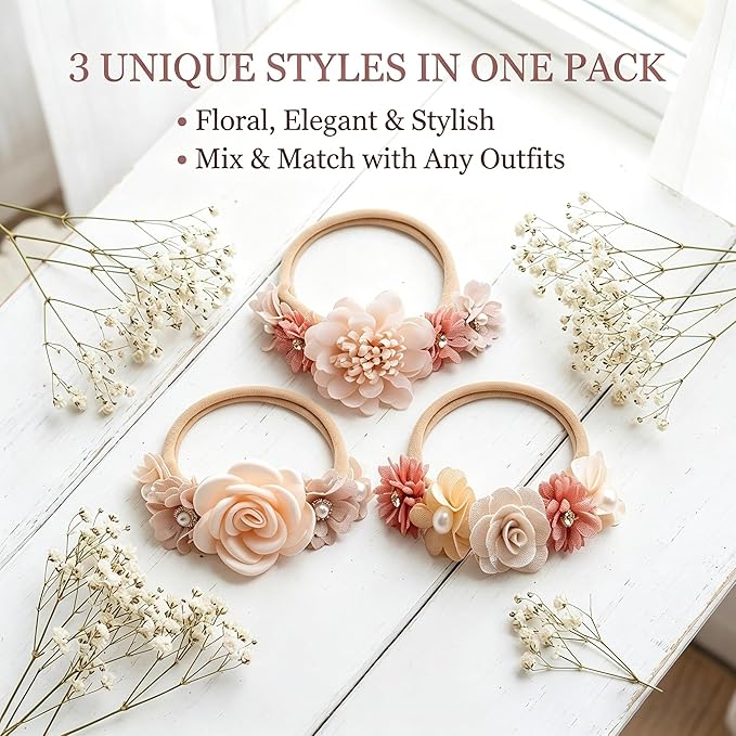 3PCS Baby Girl Flower Headbands Set Elastic Bow Hair Band Handmade Bow For Newborn Infant Toddler Pack