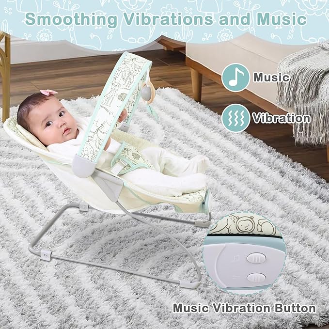 Baby Bouncer, Infants Bouncy Seat with Music and Vibrations,Portable Baby Rocker with Hanging Grasping Planet & Mirror for Newborns Indoor Outdoor Use 0-6 Months Up to 20 lbs