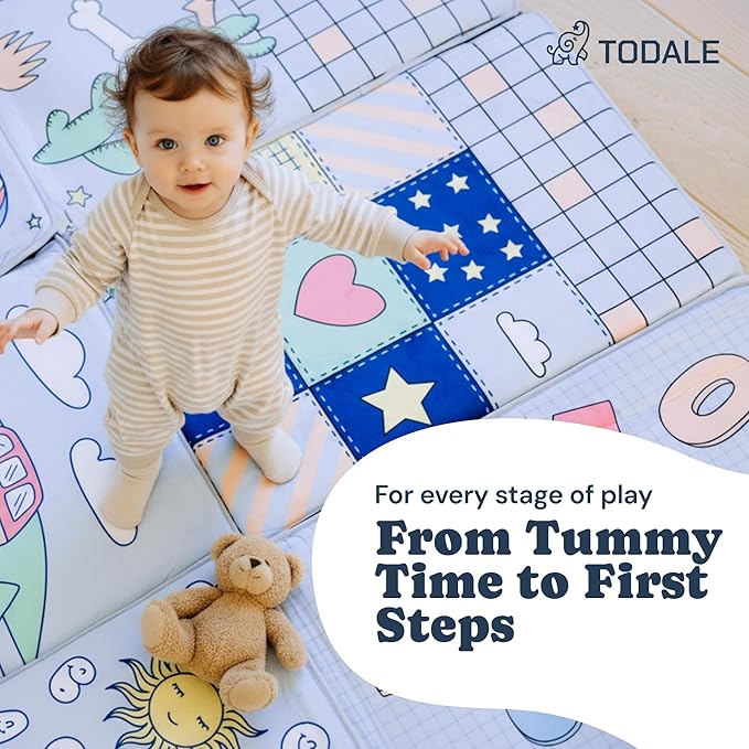 Todale Foldable Baby Play Mat, 50x50 Inch Padded Floor Mat for Infants and Toddlers, Non-Slip Waterproof Tummy Time Mat for Playpens, Educational Activity Area with Numbers and Animals