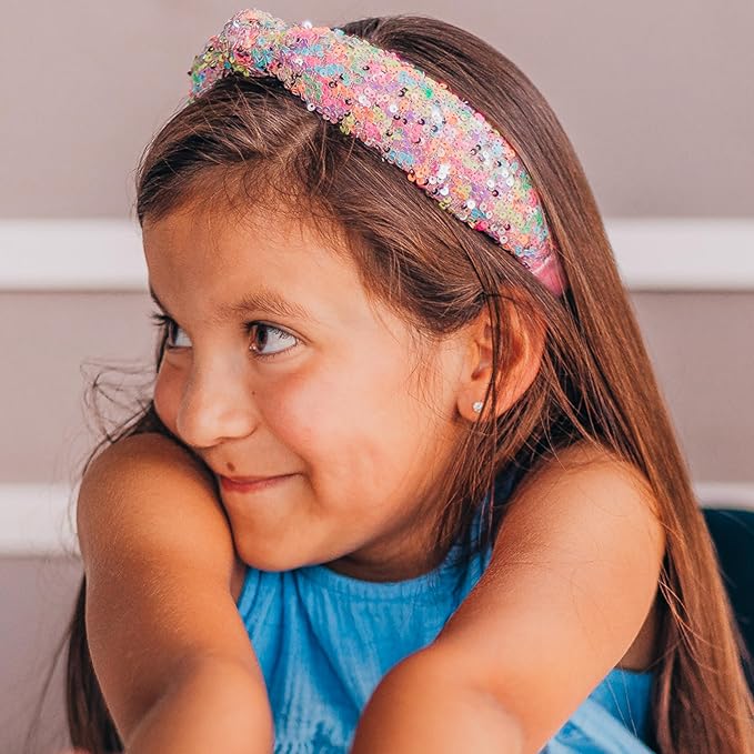FROG SAC Knotted Headbands for Girls - Rainbow Sequin Knot Head Bands for Kids, Sparkly Toddler Headband, Sparkle Beaded Hair Band Accessories, Easter Basket Fillers Stocking Stuffers