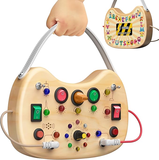 flycoost Busy Board with LED Light Switches,Toddlers Montessori Educational Toys for 1 2 3 Years Olds,Wooden Autism Activity Baby Busy Board,Sensory Travel Toys 1+ Year Old Boy&Girl Birthday Gift
